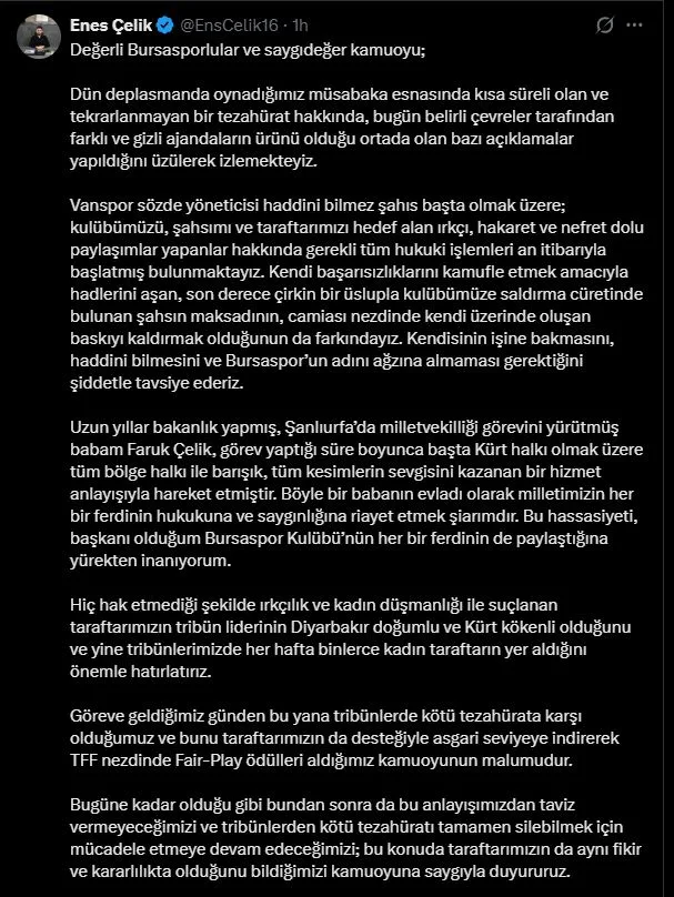 Bursaspor Başkanı Çelik'ten Taraftar Tezahüratlarına Yanıt