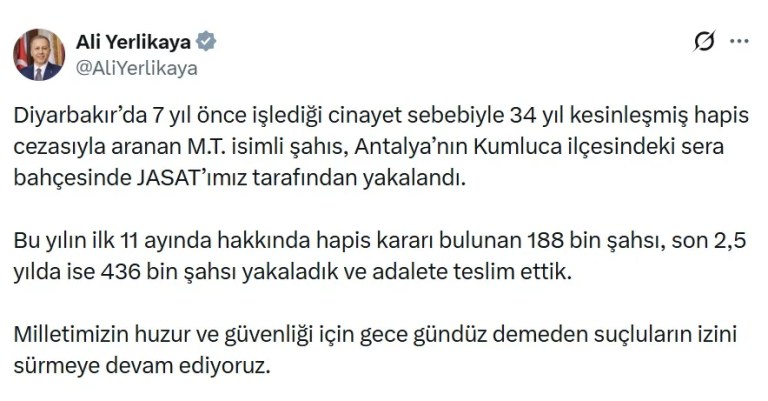 Diyarbakır Cinayetinin Kaçak Hükümlüsü Antalya'da Yakalandı