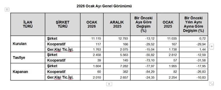 Ocak Ayında Şirket Kuruluşları Azaldı