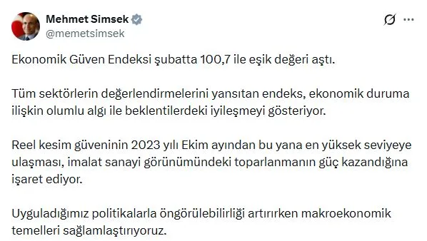 Ekonomik Güven Endeksi Şubatta Eşik Değeri Aştı