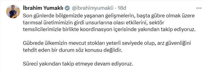 Bakan Yumaklı: Gübre Stokları Yeterli Seviyede