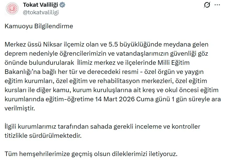 Tokat'ta Deprem Sonrası Eğitime Ara Verildi