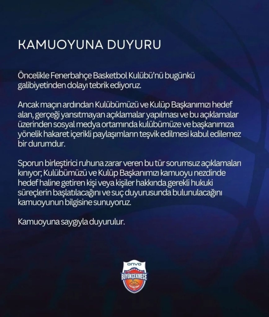 Büyükçekmece'den Fenerbahçe Maçı Sonrası Açıklama