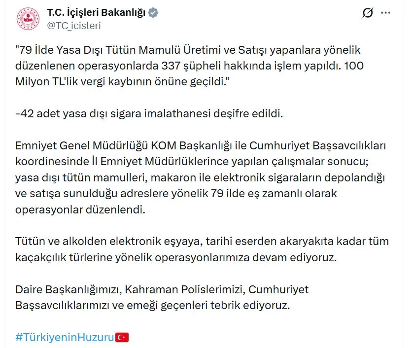 79 İlde Kaçak Sigara Operasyonu: 337 Şüpheliye İşlem