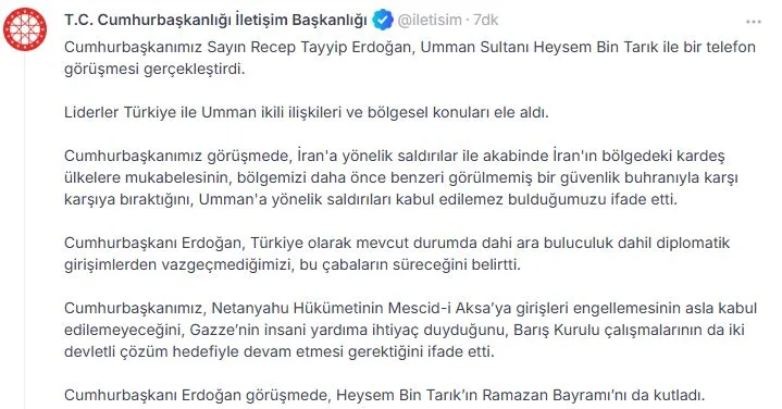 Erdoğan Umman Sultanı ile Bölgesel Konuları Görüştü