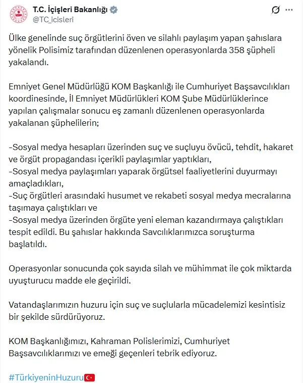 Suç Örgütlerini Öven 358 Kişiye Gözaltı