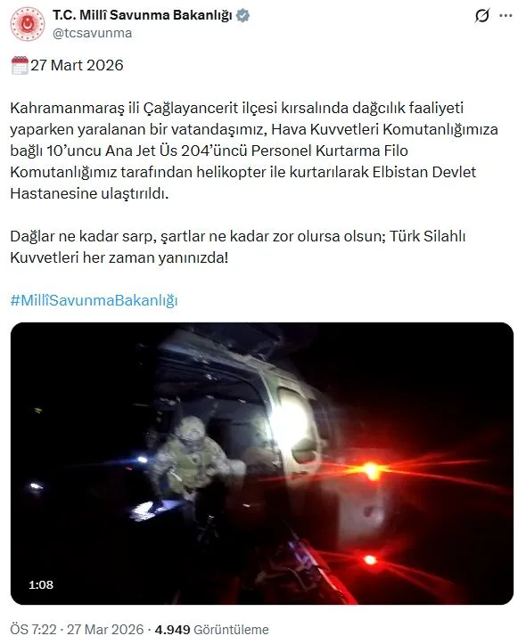 Kahramanmaraş'ta Yaralı Dağcı Helikopterle Kurtarıldı