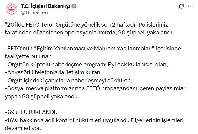 FETÖ Operasyonlarında 69 Kişi Tutuklandı
