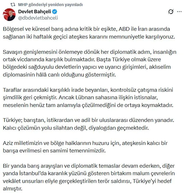 Bahçeli Ateşkes Kararını Olumlu Buldu