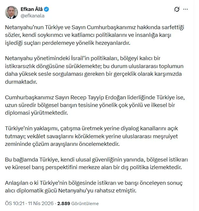 Efkan Ala'dan Netanyahu'ya Sert Yanıt