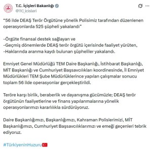 56 İlde DEAŞ Operasyonunda 525 Gözaltı