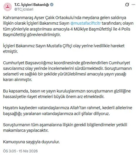 Kahramanmaraş'ta Okulda Silahlı Saldırı: 4 Kişi Hayatını Kaybetti