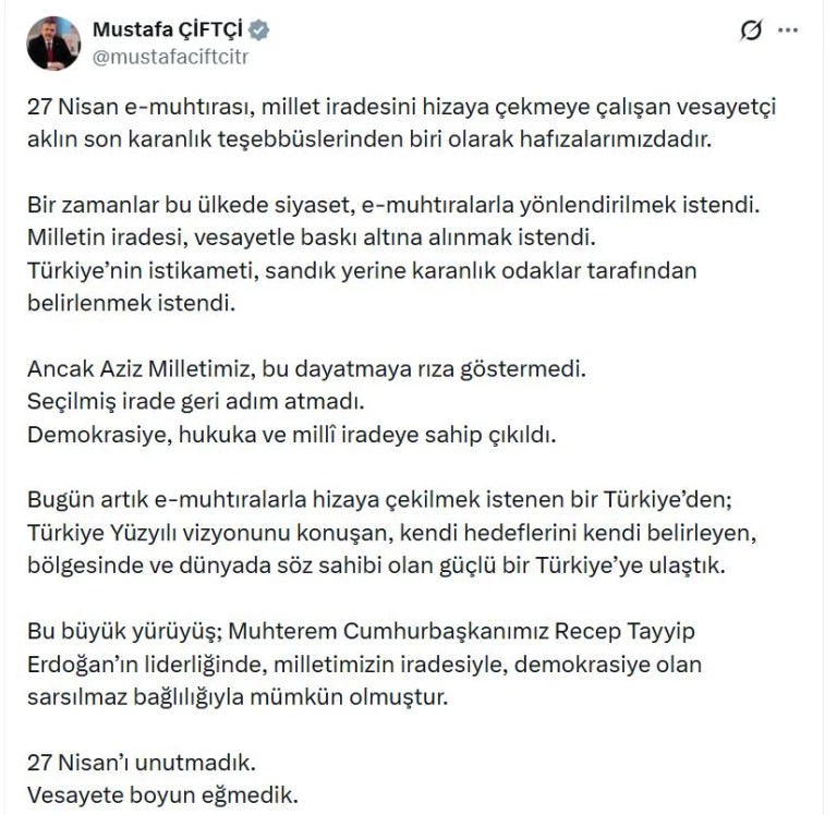 Bakan Çiftçi'den 27 Nisan E-Muhtıra Mesajı
