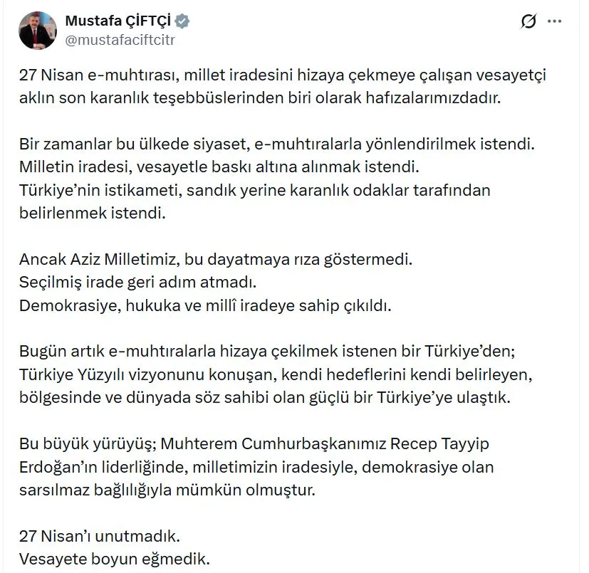 Bakan Çiftçi'den 27 Nisan E-Muhtıra Mesajı