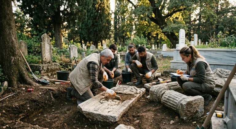 Körfez’deki mezarlıkta tarihi eserler bulundu