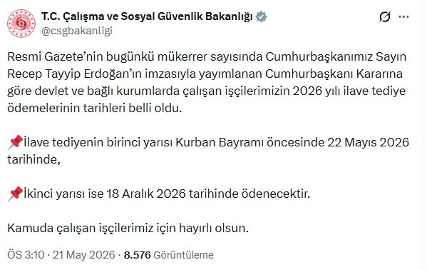 Kamu İşçilerine İlave Tediye Müjdesi