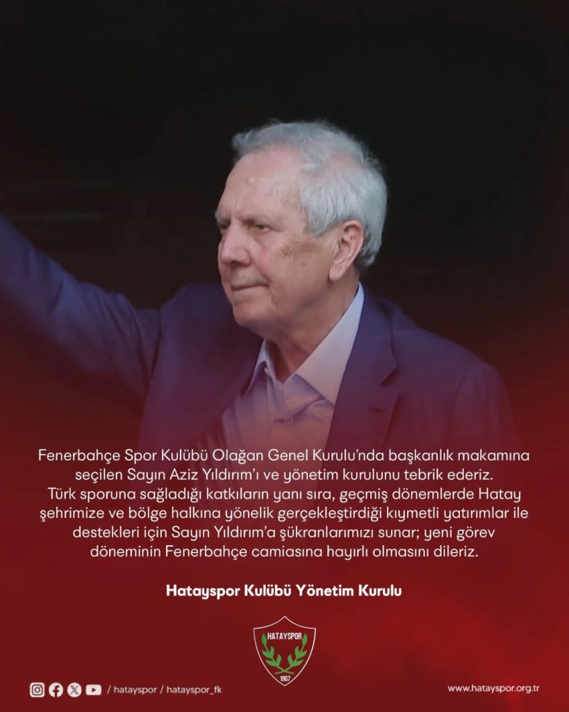 Hatayspor'dan Aziz Yıldırım'a Tebrik