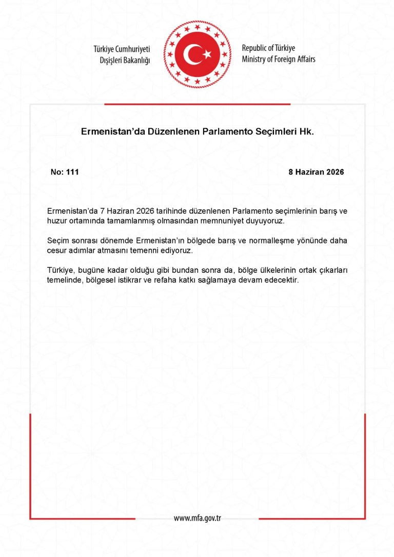Dışişleri'nden Ermenistan Seçimleri Açıklaması