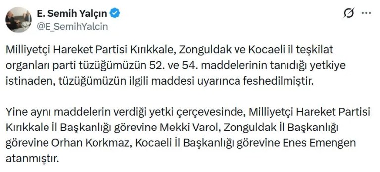 MHP'de Üç İl Teşkilatı Feshedildi